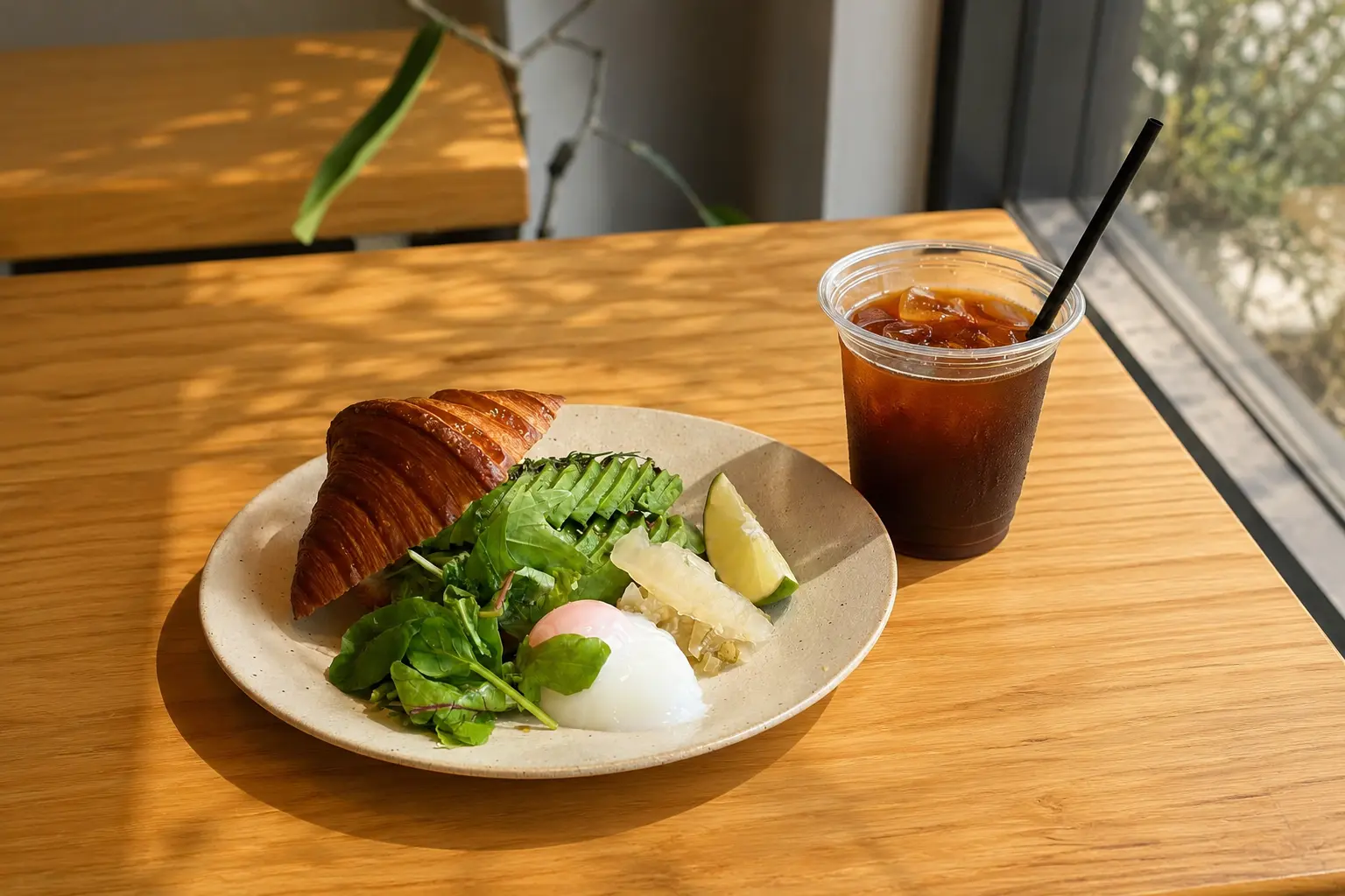 朝の横光が入る店内で楽しむクロワッサンアボカドトーストとアイスコーヒー